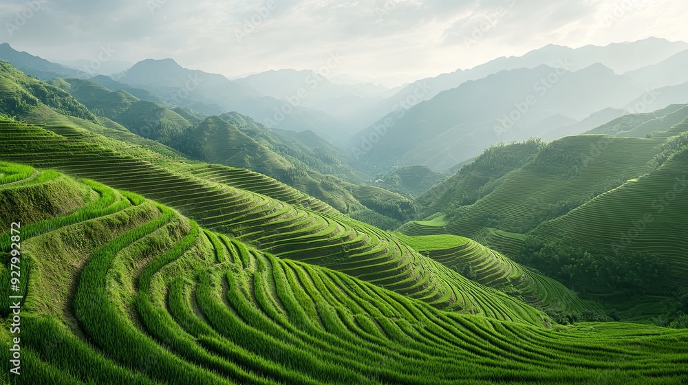 Minimalist Landscape Photography of Green Terraces and Hazy Mountains in the Distance, Captured in a Wide Angle for a Serene and Spacious Aesthetic Minimalist Landscape Photography of Green Terraces and Hazy Mountains in the Distance, Captured in a Wide Angle for a Serene and Spacious Aesthetic