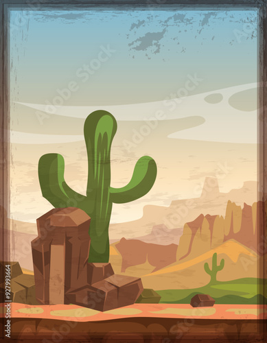 Arizona nature with rock mountain and growing cactus illustration