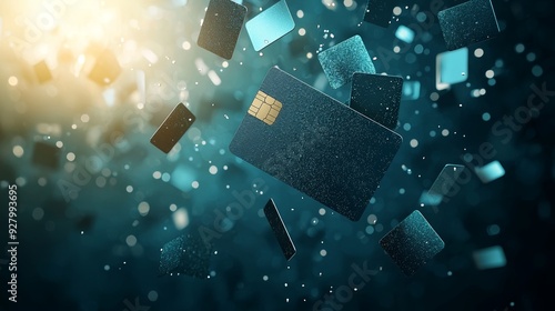 Abstract representation of floating credit cards with a futuristic glow, ideal for finance and technology themes.