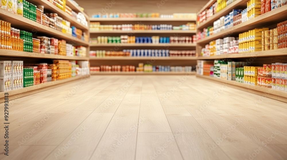 Aisle view of a well-organized grocery store, showcasing shelves filled with colorful cans and products in a clean, modern environment. Aisle view of a well-organized grocery store, showcasing shelves filled with colorful cans and products in a clean, modern environment.