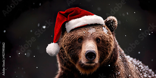 Brown bear with Santa Claus hat, surrounded by snow. Christmas season photo