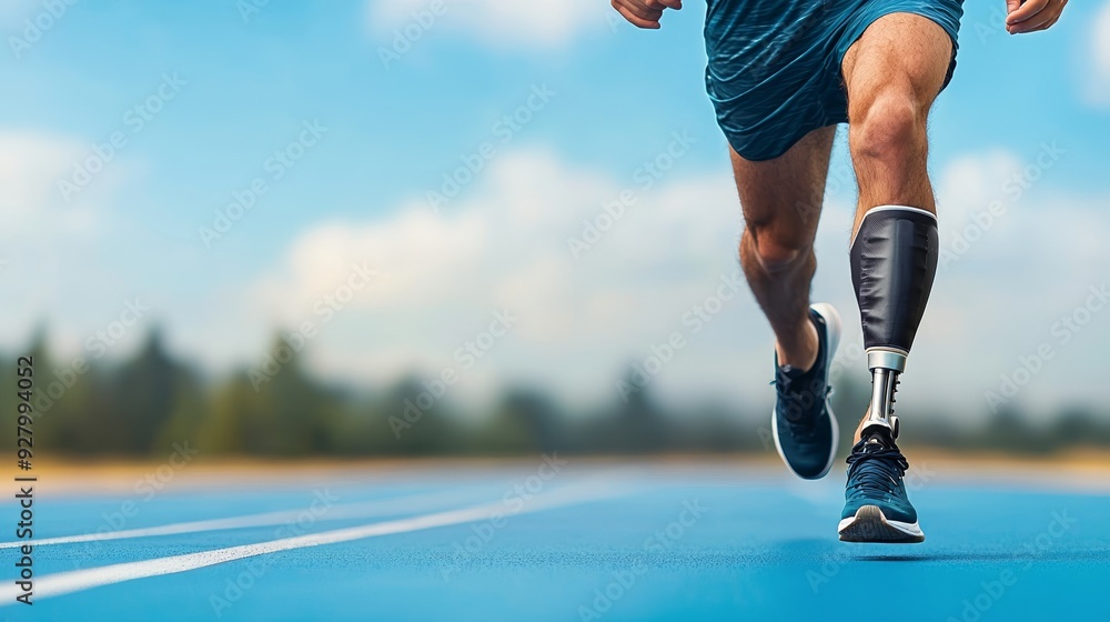 An athlete with a prosthetic leg sprinting on a track, showcasing determination and resilience in sports.