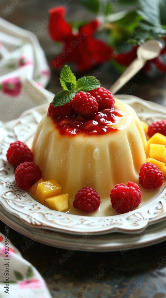 Delicious Mango and Raspberry Pudding Dessert. Delicious Mango and Raspberry Pudding Dessert.