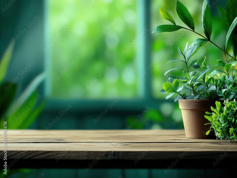 A serene indoor scene featuring a potted plant on a wooden table, with a soft green background and natural light streaming in. A serene indoor scene featuring a potted plant on a wooden table, with a soft green background and natural light streaming in.