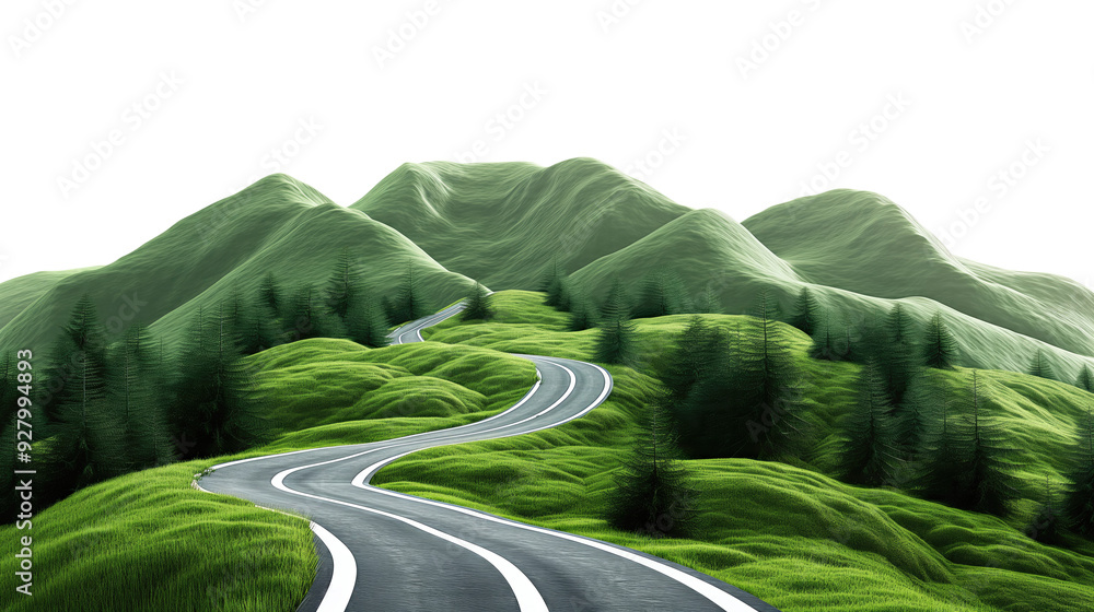 Road in the green mountains forest isolated on transparent white background, clipping path Road in the green mountains forest isolated on transparent white background, clipping path