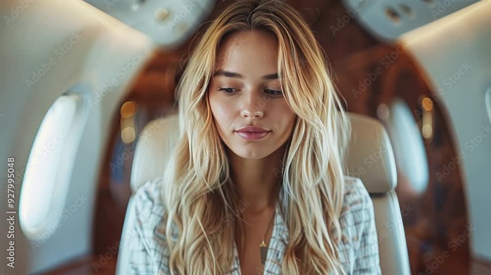 Inside the plane, in the plane window, a European woman sitting in the business seat is working on her laptop. Inside the plane, in the plane window, a European woman sitting in the business seat is working on her laptop.
