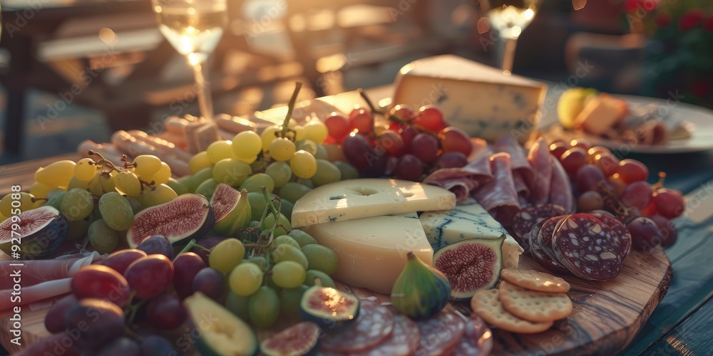 Charcuterie and Cheese Platter with Assorted Cheeses Sausage Rosette Ham Crackers Grapes and Figs on Round Cutting Board Sunlit Terrace Setting Charcuterie and Cheese Platter with Assorted Cheeses Sausage Rosette Ham Crackers Grapes and Figs on Round Cutting Board Sunlit Terrace Setting