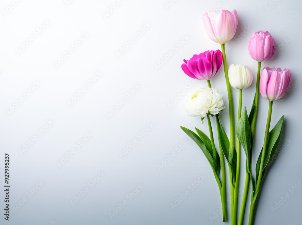 Fototapeta premium A vibrant arrangement of colorful tulips against a soft background, perfect for spring-themed projects or floral designs.