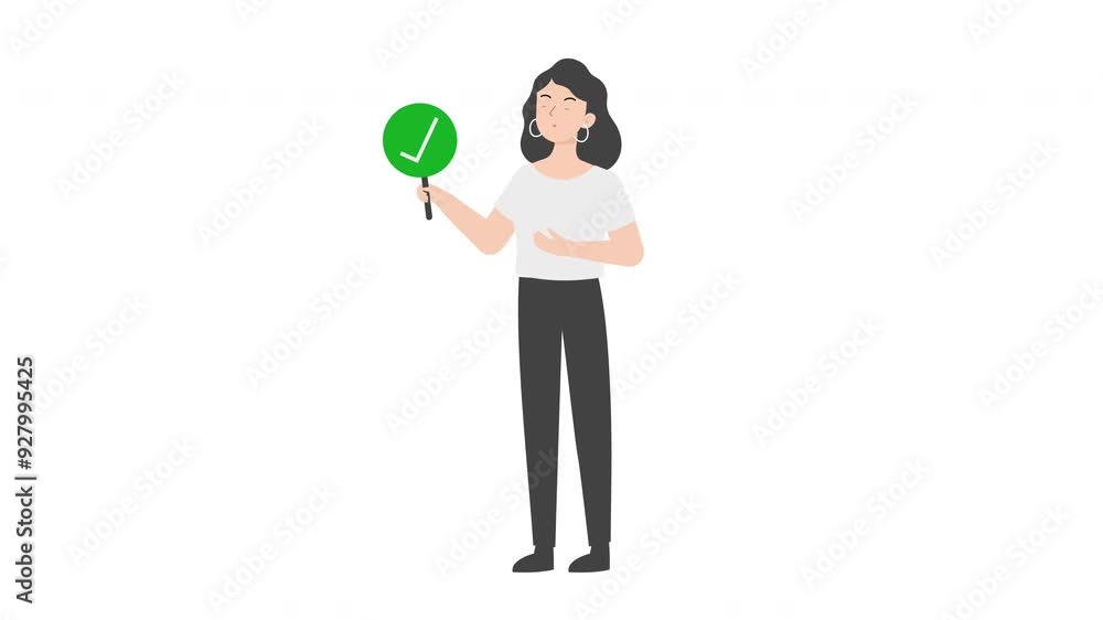 Business woman holding a check mark sign Business woman holding a check mark sign