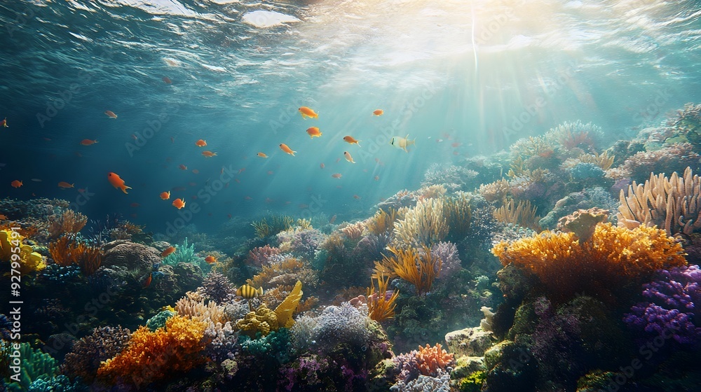 Stunning Underwater Coral Reef Scene with Vibrant Corals Schools of Gracefully Swimming Fish and Crystal Clear Water Penetrated by Light Rays in a Serene and Otherworldly Ambiance Stunning Underwater Coral Reef Scene with Vibrant Corals Schools of Gracefully Swimming Fish and Crystal Clear Water Penetrated by Light Rays in a Serene and Otherworldly Ambiance