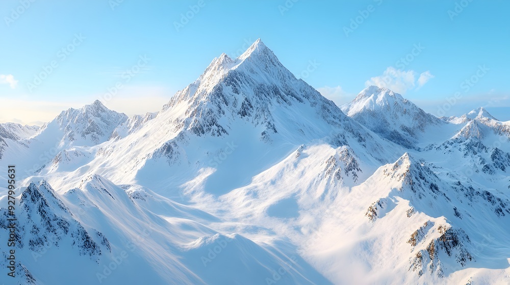 Fototapeta premium Ethereal and snow capped mountain peaks reaching towards the crisp clear blue skies with sunlight glistening off the icy surfaces in a breathtaking serene landscape