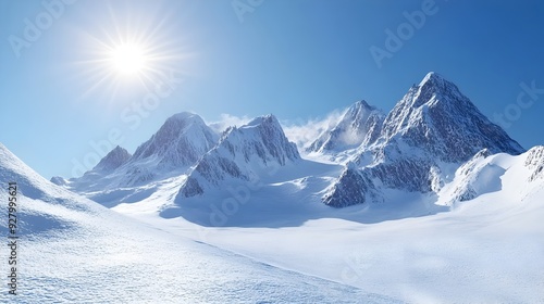 Wallpaper Mural A breathtaking 3D rendered scene showcasing snow capped mountain peaks reaching up towards a clear blue sky with the sunlight beautifully reflecting off the icy glacial landscape below Torontodigital.ca