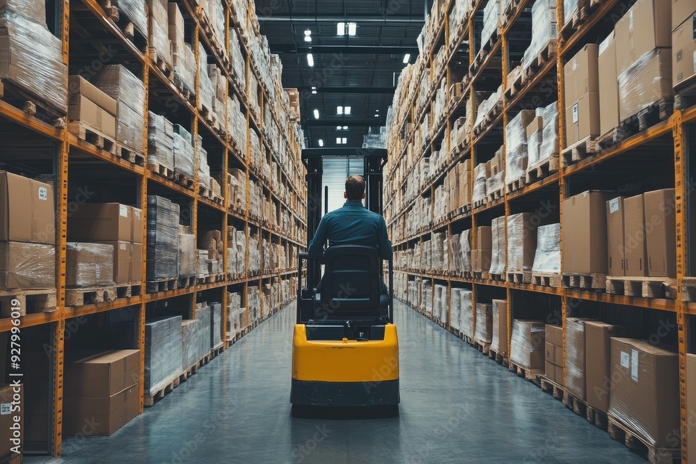 A forklift drives through a warehouse. The photo can be used to represent concepts like logistics, shipping, and warehousing. A forklift drives through a warehouse. The photo can be used to represent concepts like logistics, shipping, and warehousing.