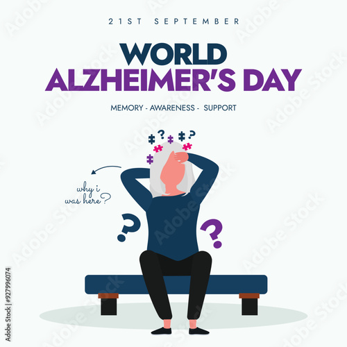World Alzheimer's Day. 21st September Alzheimer's day celebration banner, social media post with an old lady touching her head. The day raise awareness about Alzheimer's disease and other dementia. 
