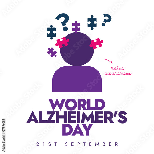 World Alzheimer's Day background, banner. Alzheimer's day awareness banner with purple silhouette of person icon, puzzle pieces, question mark.  The day raise awareness about Alzheimer's disease.