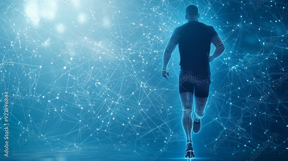 Fototapeta premium A determined athlete runs forward, enhanced by futuristic technology, symbolizing progress and strength in sports.