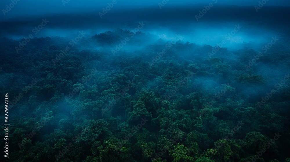 Fototapeta premium Mysterious Aerial Night Photography of a Lush Forest Shrouded in Mist