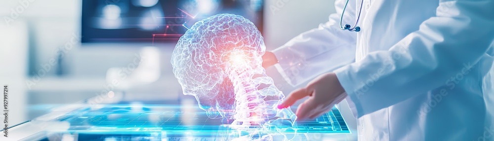 A doctor interacts with holographic brain technology, showcasing advanced healthcare innovation and digital medicine. A doctor interacts with holographic brain technology, showcasing advanced healthcare innovation and digital medicine.