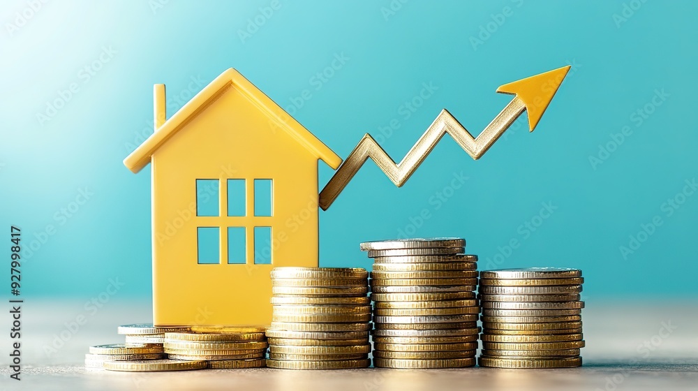Soaring Property Values: A Modern House Elevated on a Coin Stack, Surrounded by an Upward-Shooting Arrow - Symbolizing Growth, Investment, and Financial Success. Soaring Property Values: A Modern House Elevated on a Coin Stack, Surrounded by an Upward-Shooting Arrow - Symbolizing Growth, Investment, and Financial Success.