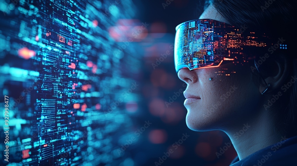A futuristic woman wearing augmented reality glasses, immersed in digital data and technology, representing innovation and connectivity. A futuristic woman wearing augmented reality glasses, immersed in digital data and technology, representing innovation and connectivity.