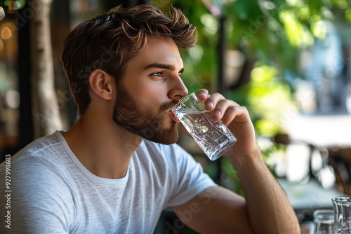 A man drinks water from a glass. Perfect for an article about hydration and healthy lifestyle choices. photo