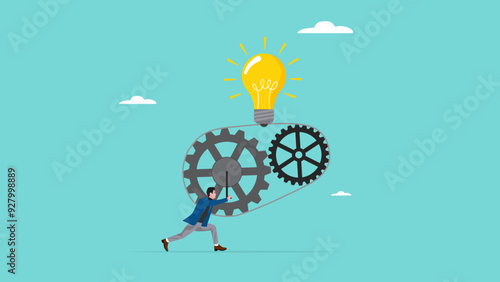 great idea development, strategy to success or improvement, efficiency or productivity concept, careful planning, businessman moves the cogwheel gears to activate the lightbulb idea