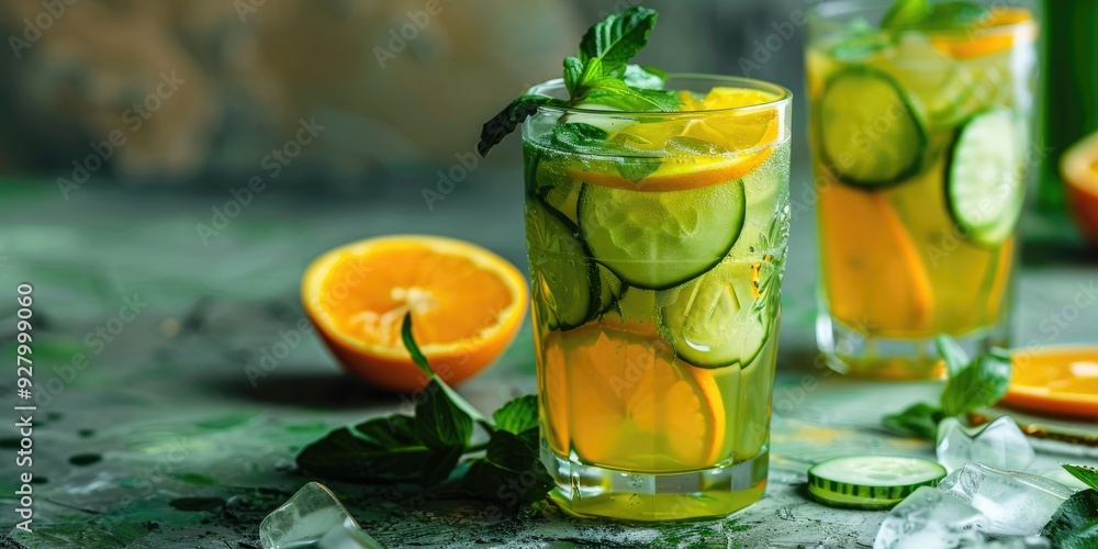 Chilled Cucumber Orange Iced Tea Served in Glasses with Copy Space Chilled Cucumber Orange Iced Tea Served in Glasses with Copy Space