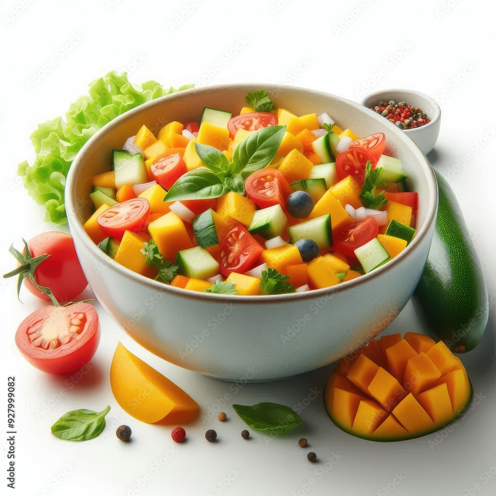 Bowl of mango salsa isolated on white background Bowl of mango salsa isolated on white background