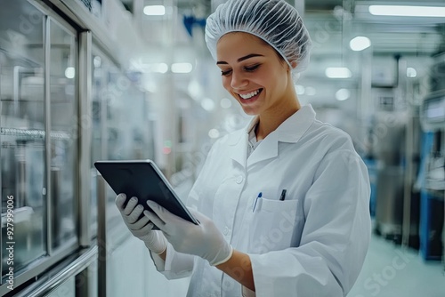 Smiling woman in lab coat uses tablet. This photo illustrates food safety and quality control in a production facility.