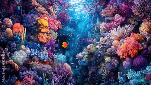 Vibrant underwater scene showcasing colorful coral and marine life, creating a stunning visual of oceanic beauty.