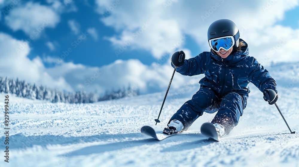 A joyful child skiing down a snowy slope under a bright blue sky, showcasing winter fun and adventure on the slopes. A joyful child skiing down a snowy slope under a bright blue sky, showcasing winter fun and adventure on the slopes.