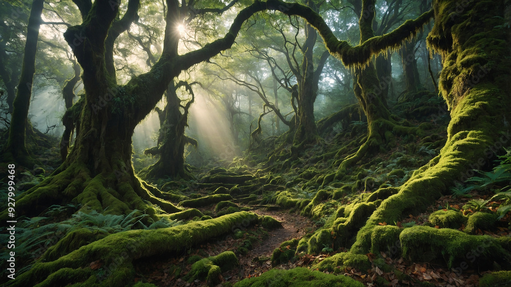 Ancient old forest with eerie mossy old trees Ancient old forest with eerie mossy old trees