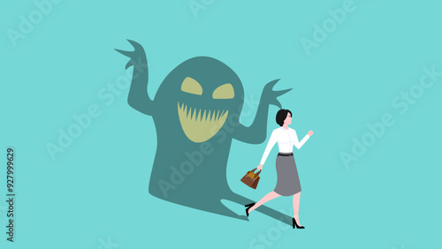 Anxiety Disorder Illustration. businesswomen afraid of his own shadow, doubt in one's own abilities, excessive fear concept vector illustration