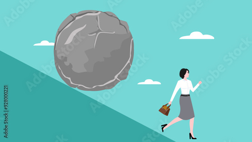 problem on business, decline concept, Debt problem, investment asset fall down, World economic recession, businesswoman running from the rock of problems which will fall on her
