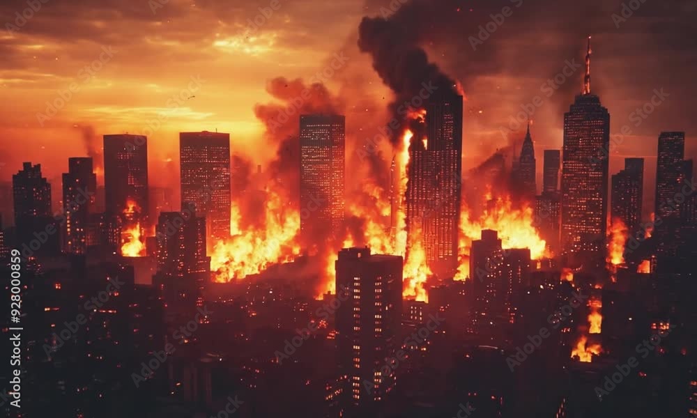 A City engulfed in flames, an apocalyptic sunset sky above A City engulfed in flames, an apocalyptic sunset sky above