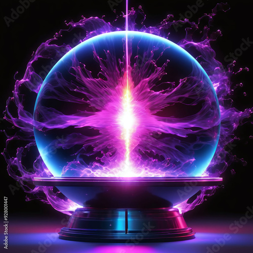 3D illustration sci-fi of thunder and tesla lightning surround colors electric plasma ball. Powerful electric discharges magical energy design .