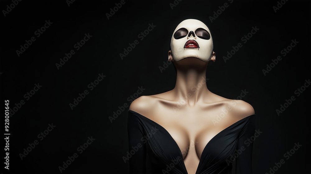 Dramatic Portrait of a Woman in Black Dress Wearing Skull Mask with Red Lips Against Dark Background Dramatic Portrait of a Woman in Black Dress Wearing Skull Mask with Red Lips Against Dark Background