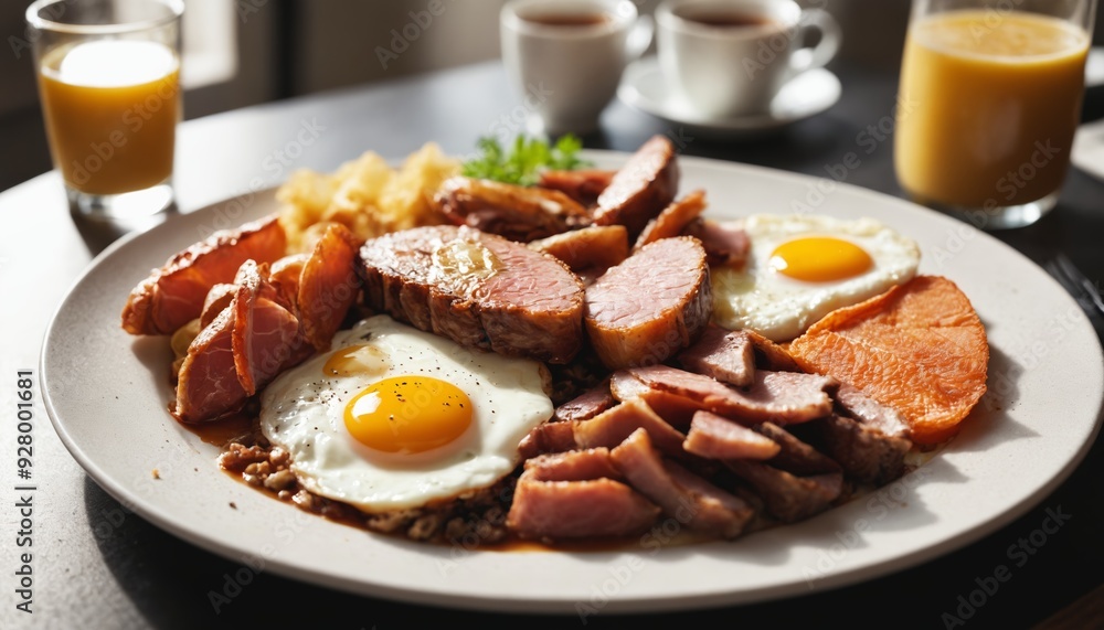 A gourmet breakfast plate with fried eggs, crispy bacon, and sweet potato slices A gourmet breakfast plate with fried eggs, crispy bacon, and sweet potato slices