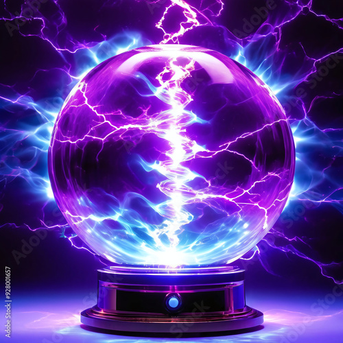 3D illustration sci-fi of thunder and tesla lightning surround colors electric plasma ball. Powerful electric discharges magical energy design .