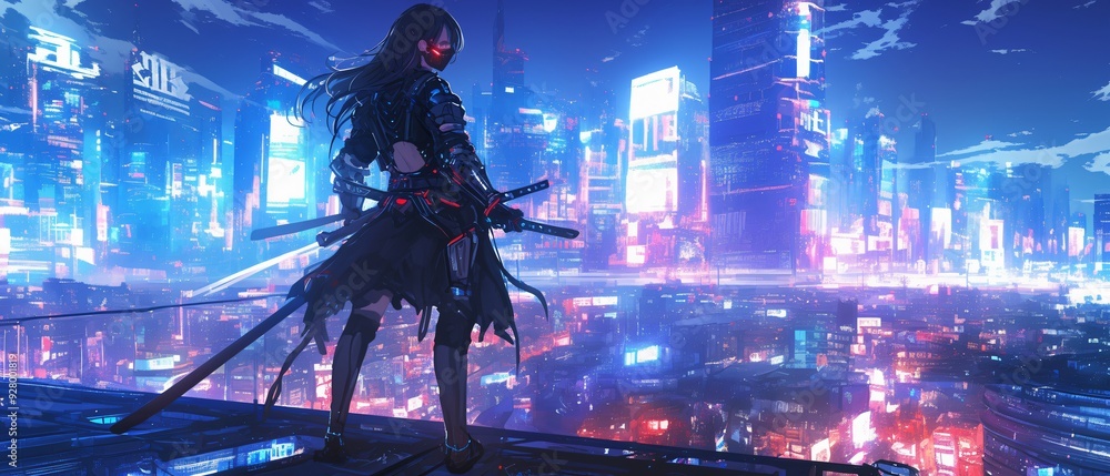 Fototapeta premium Cybernetic Anime Ninja on Rooftop Overlooking Futuristic City Ready for Mission Amid Neon Lights