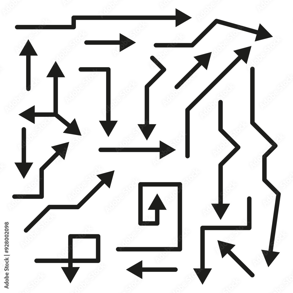 Abstract arrow pattern. Directional symbols in random layout. Black vector illustration. Geometric arrow design. Abstract arrow pattern. Directional symbols in random layout. Black vector illustration. Geometric arrow design.