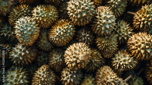 A close up image of spiky, prickly durian fruit. The texture is rough with a green hue.