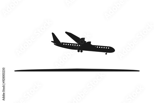 Airplane or aeroplane coming in for landing at the airport runway black silhouette vector