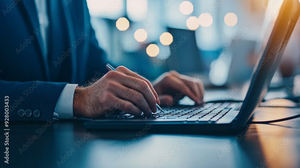 A professional working on a laptop, showcasing focused typing, business environment, and modern technology in action. A professional working on a laptop, showcasing focused typing, business environment, and modern technology in action.