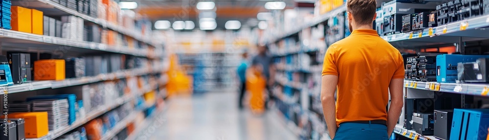 A retail worker assists customers in a well-stocked electronics aisle, showcasing organized products and vibrant store ambiance. A retail worker assists customers in a well-stocked electronics aisle, showcasing organized products and vibrant store ambiance.