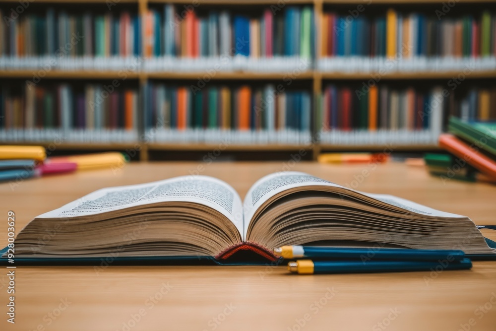book with open pages, close up, books on the shelf in school, open book on wooden table. back to school concept with generative ai book with open pages, close up, books on the shelf in school, open book on wooden table. back to school concept with generative ai