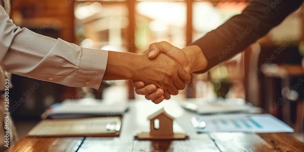 A real estate agent and client shake hands to seal the deal on a house contract with contract documents and a house model displayed on a wooden table A real estate agent and client shake hands to seal the deal on a house contract with contract documents and a house model displayed on a wooden table