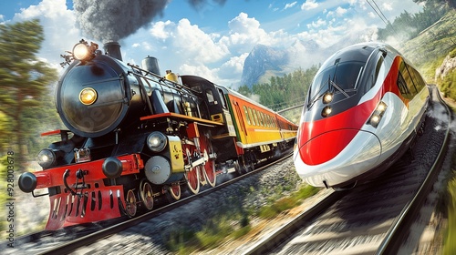 Evolution of Travel: Vintage Steam Locomotive Versus Sleek High-Speed Train - A Visual Comparison of Past and Present Transportation Technology. photo