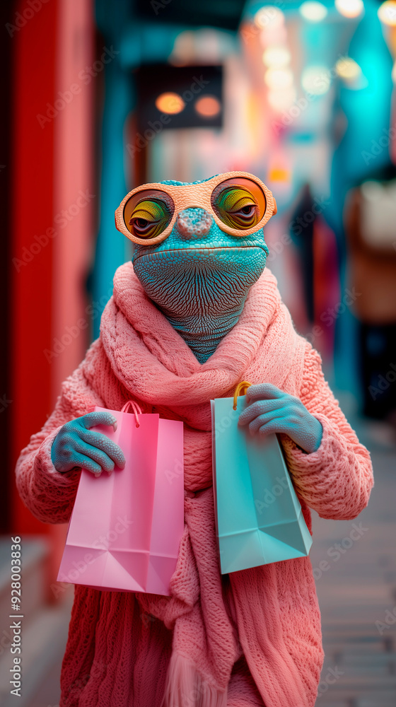 a cute chameleon wearing sunglasses and holding shopping bags during the black friday season of offers and discounts