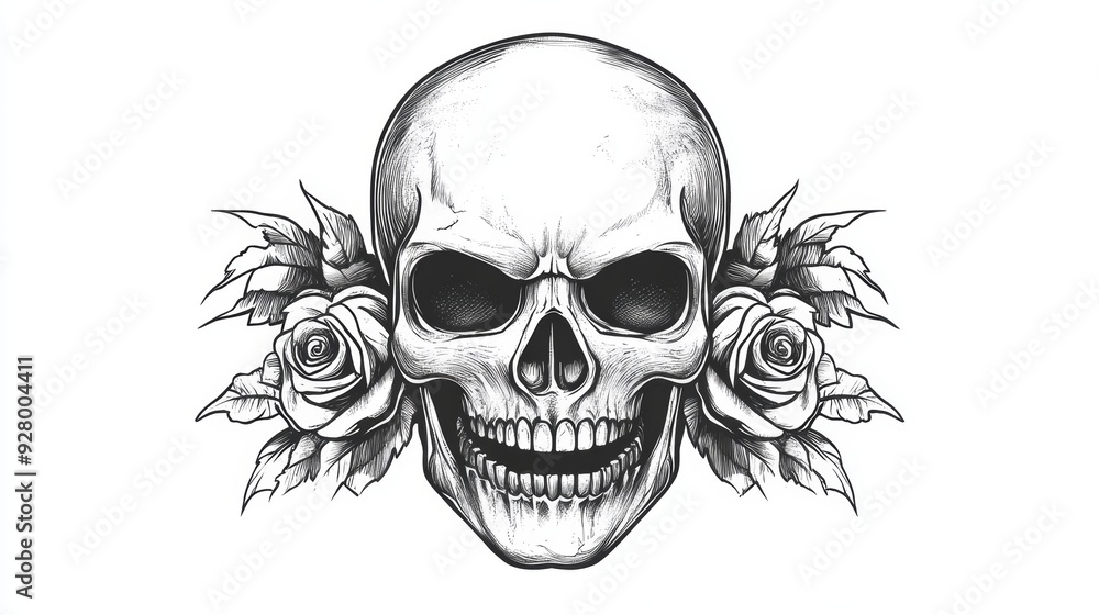 Obraz premium A detailed skull illustration adorned with roses, symbolizing beauty and mortality.